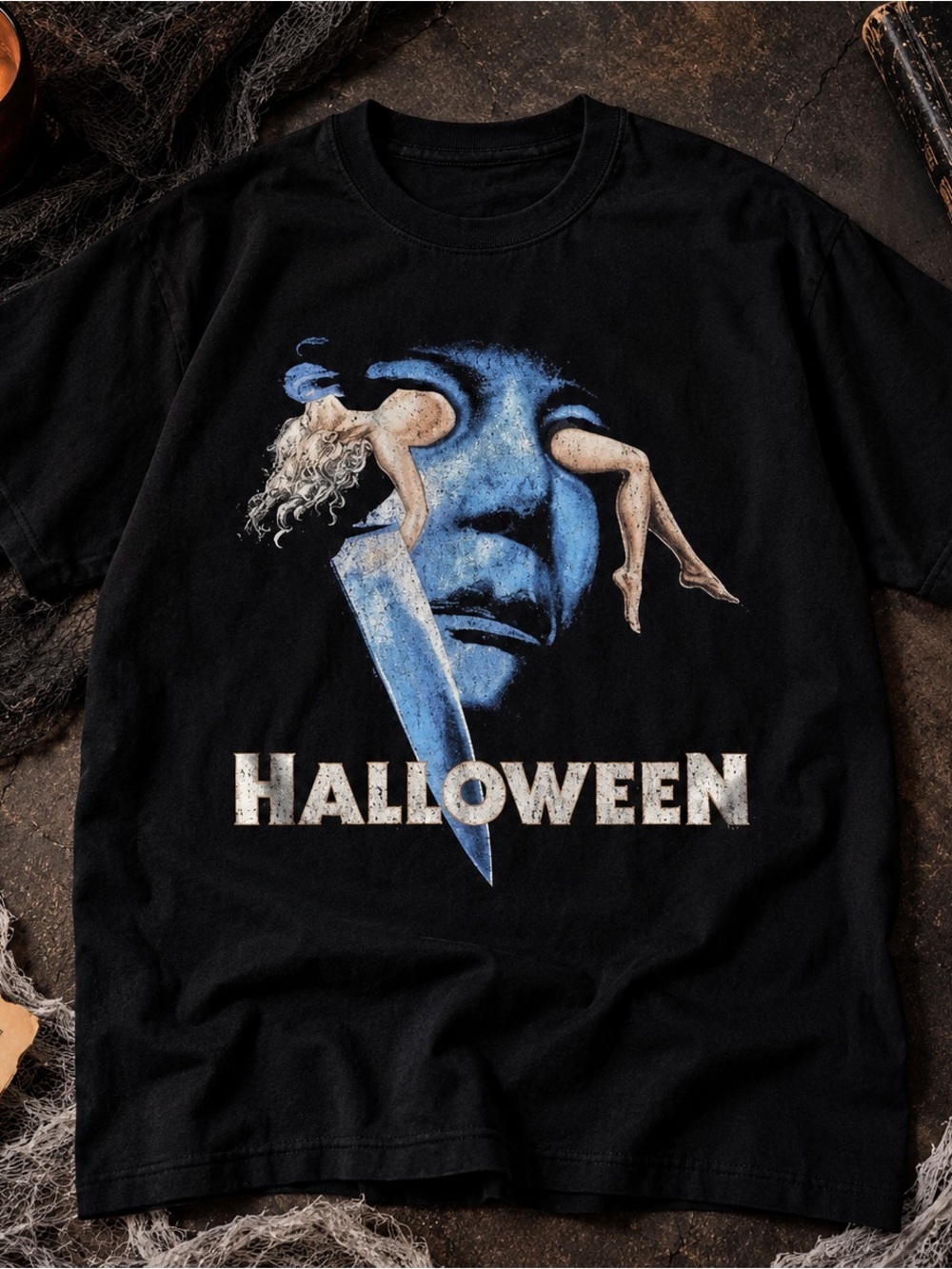 Gildan Black Halloween Graphic Tee with Blue Mask and Cream Accents